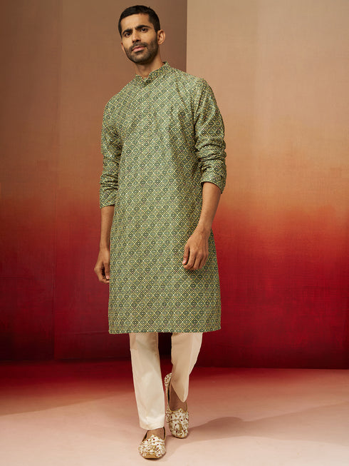 Men's Green Digital Print Kurta with Pyjama